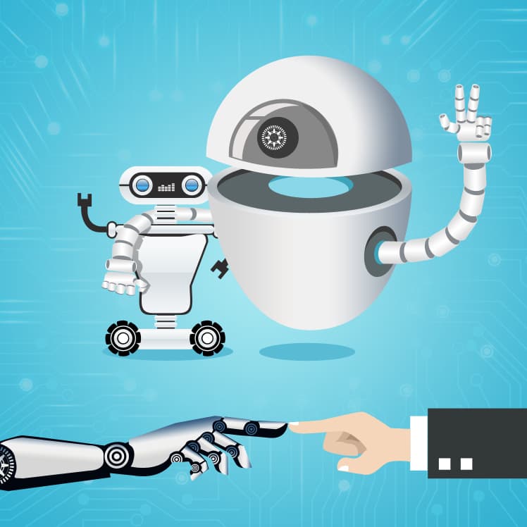 Illustration of humans and AI robots representing no-code AI agents for business